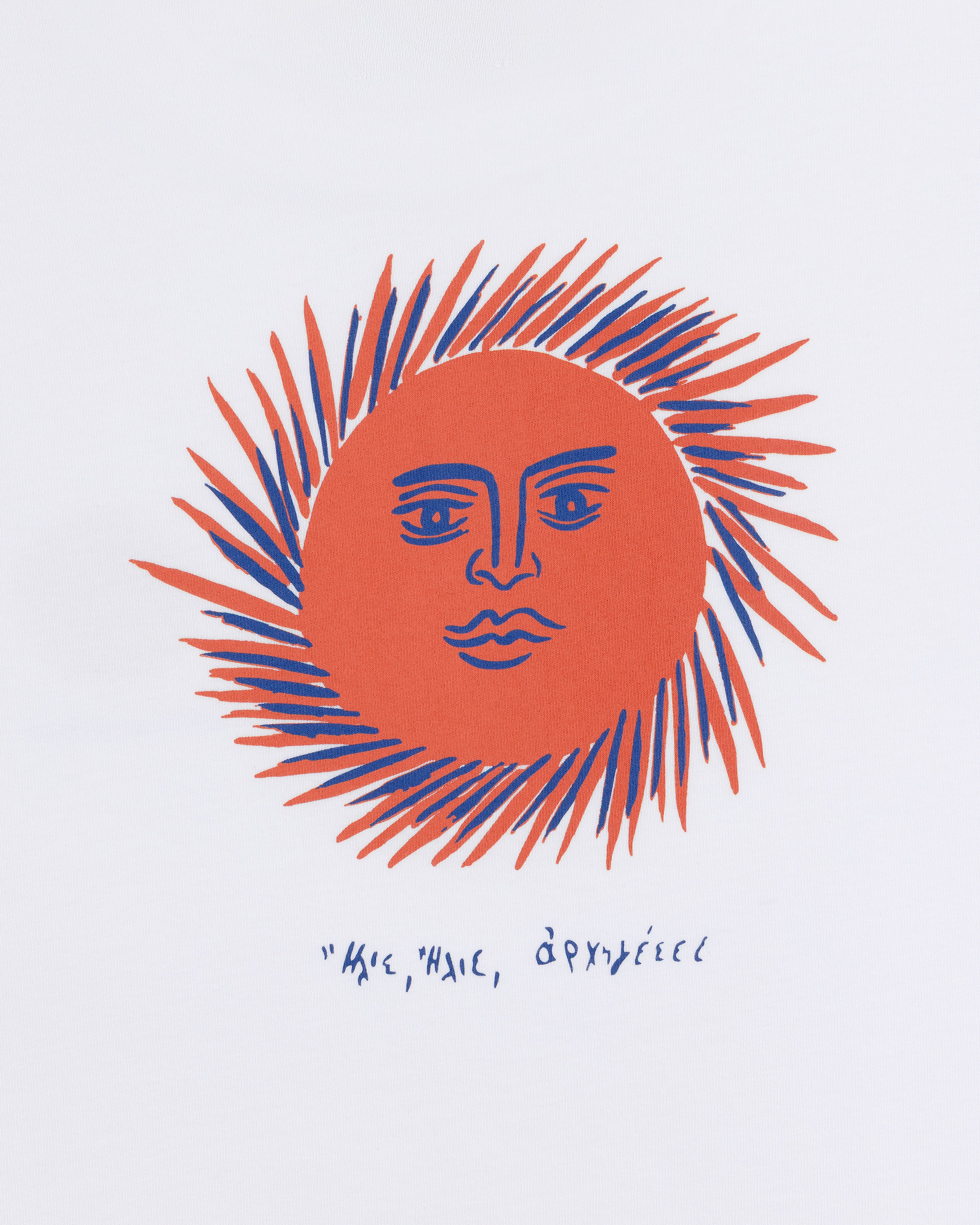 Fassianos "Sovereign Sun" Tee: features a stylized red and blue sun with a face on white, plus handwritten text below.