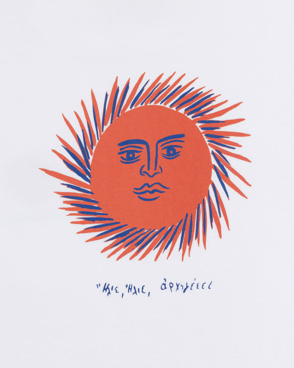 Fassianos "Sovereign Sun" Tee: features a stylized red and blue sun with a face on white, plus handwritten text below.