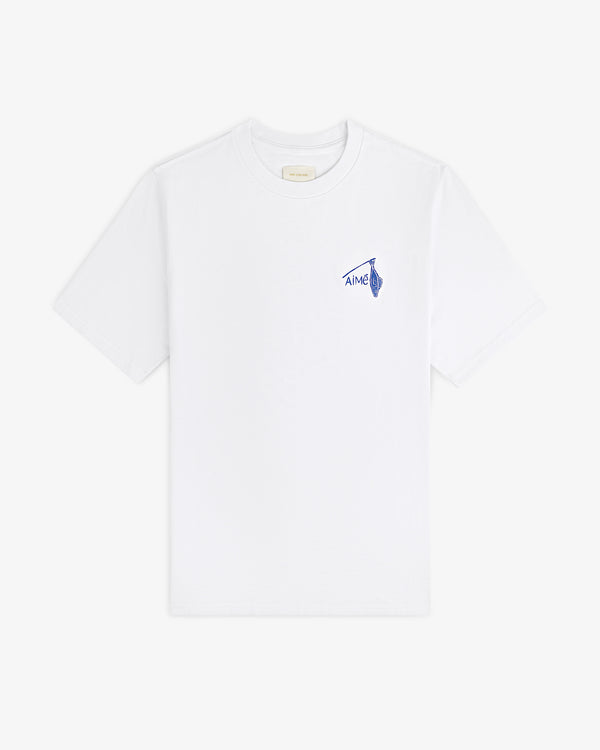 Fisherman Tee: white short-sleeve shirt with small blue graphic and AIME text on upper left chest.