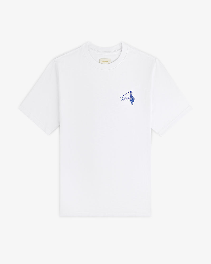 Fisherman Tee: white short-sleeve shirt with small blue graphic and AIME text on upper left chest.