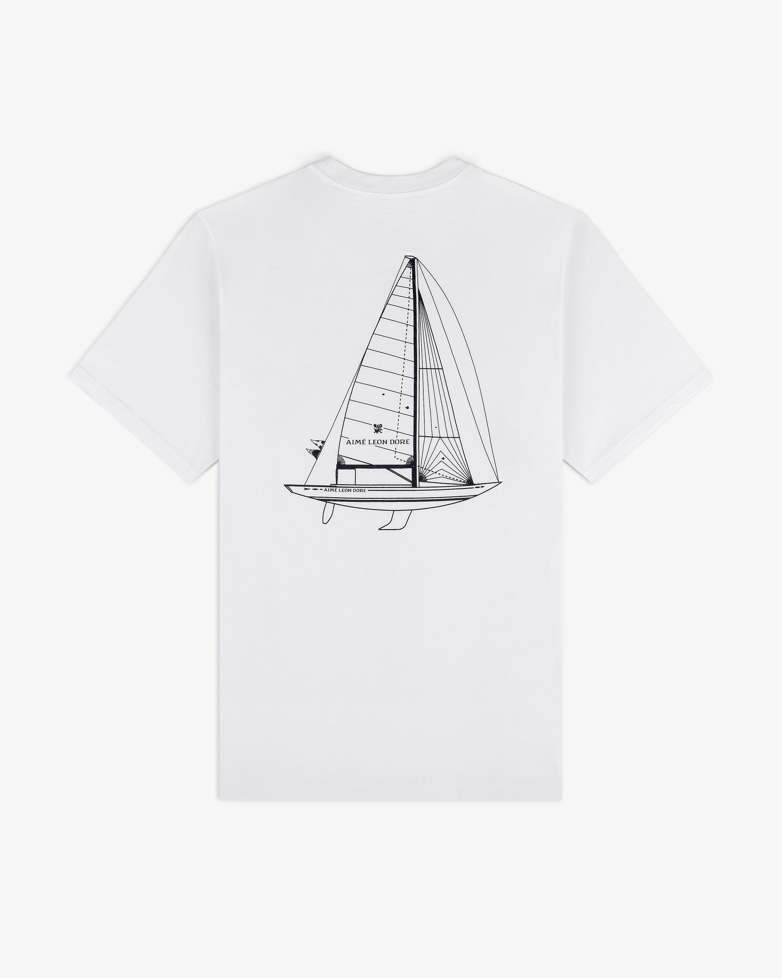 Marina Tee: White T-shirt with a black sailboat line drawing and Polo text by Ralph Lauren on the back.