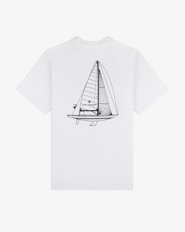 Marina Tee: White T-shirt with a black sailboat line drawing and Polo text by Ralph Lauren on the back.
