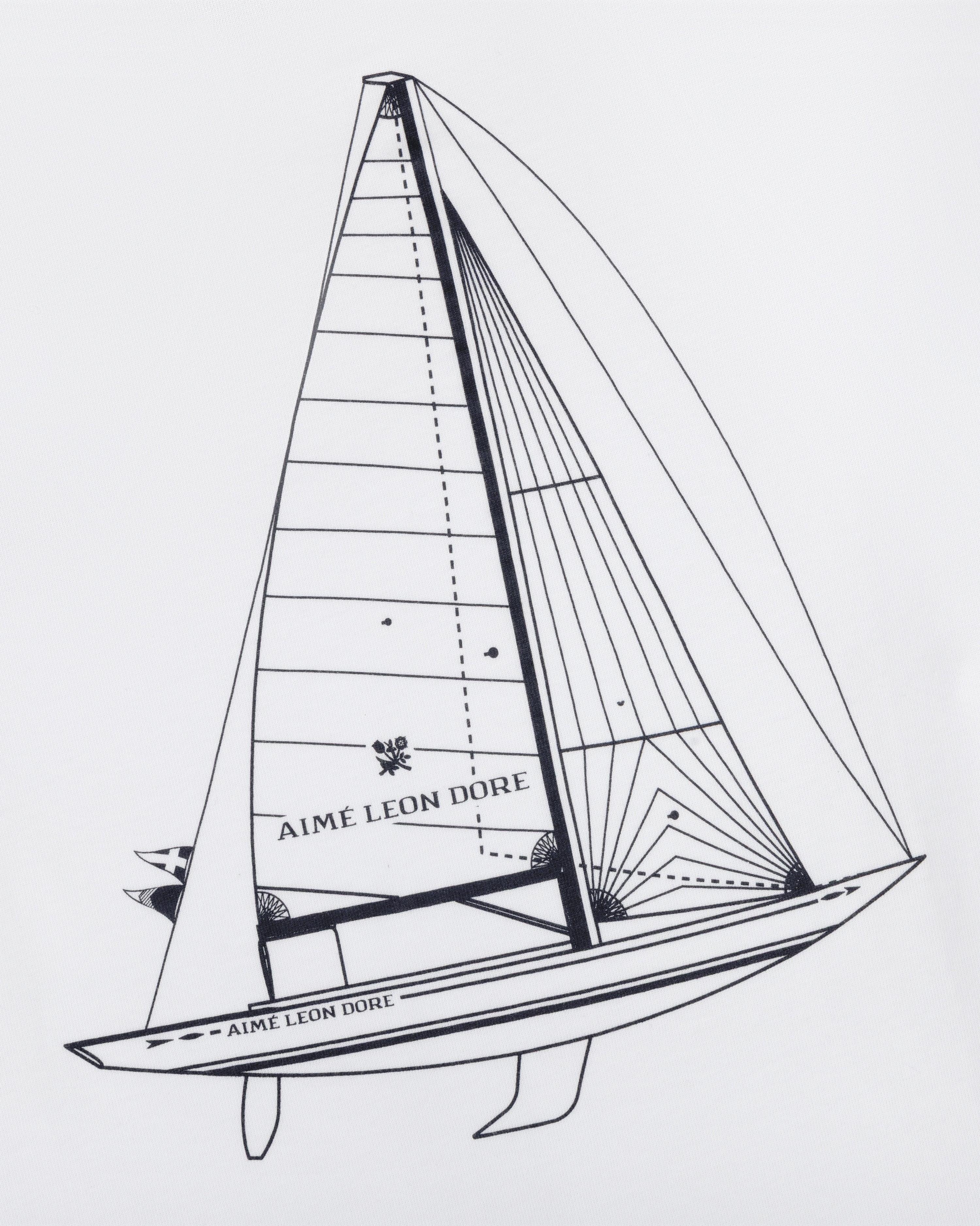 Line drawing of a sailboat with Marina Tee printed on the sail and hull, set against a plain white background.