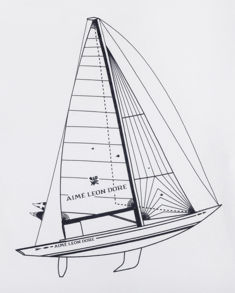 Line drawing of a sailboat with Marina Tee printed on the sail and hull, set against a plain white background.