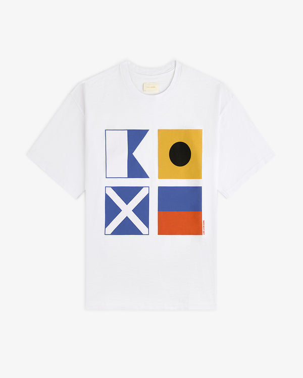 Maritime Tee: White shirt featuring four colorful nautical signal flags in a square on the front.