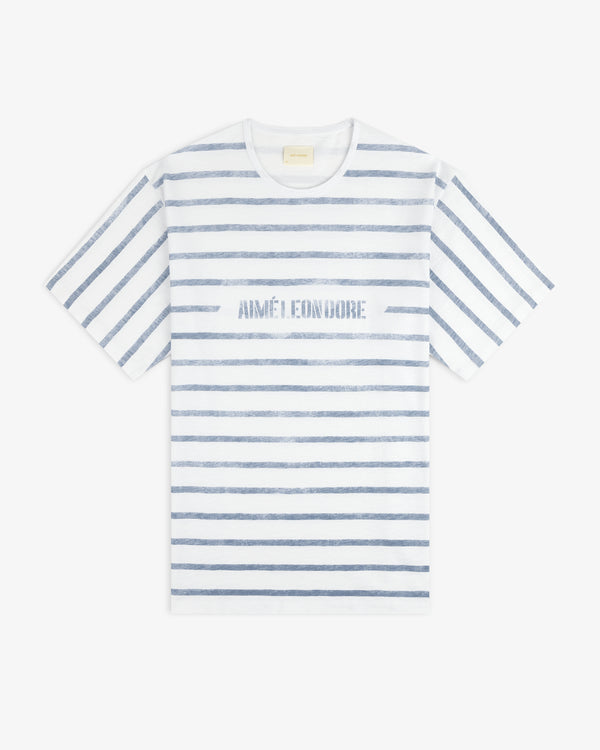 Slub Beach Tee: White with horizontal blue stripes and AIMÉ LEON DORE printed in blue across the chest.