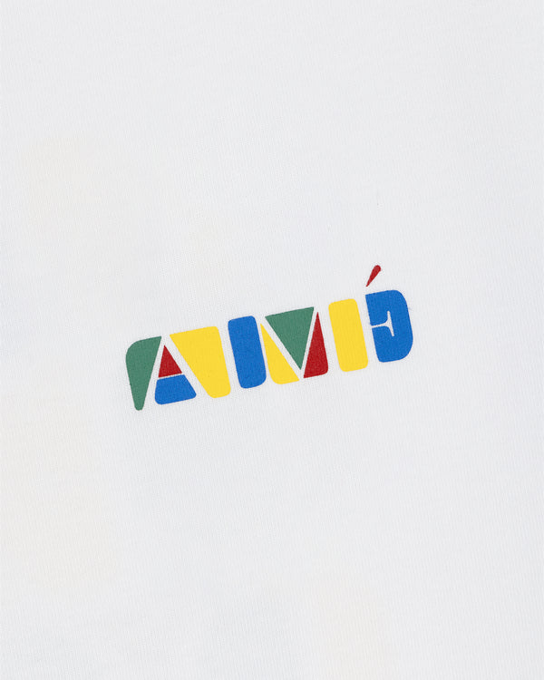 AMÉ stacked logo in colorful, geometric letters on white Stacked Logo Tee.