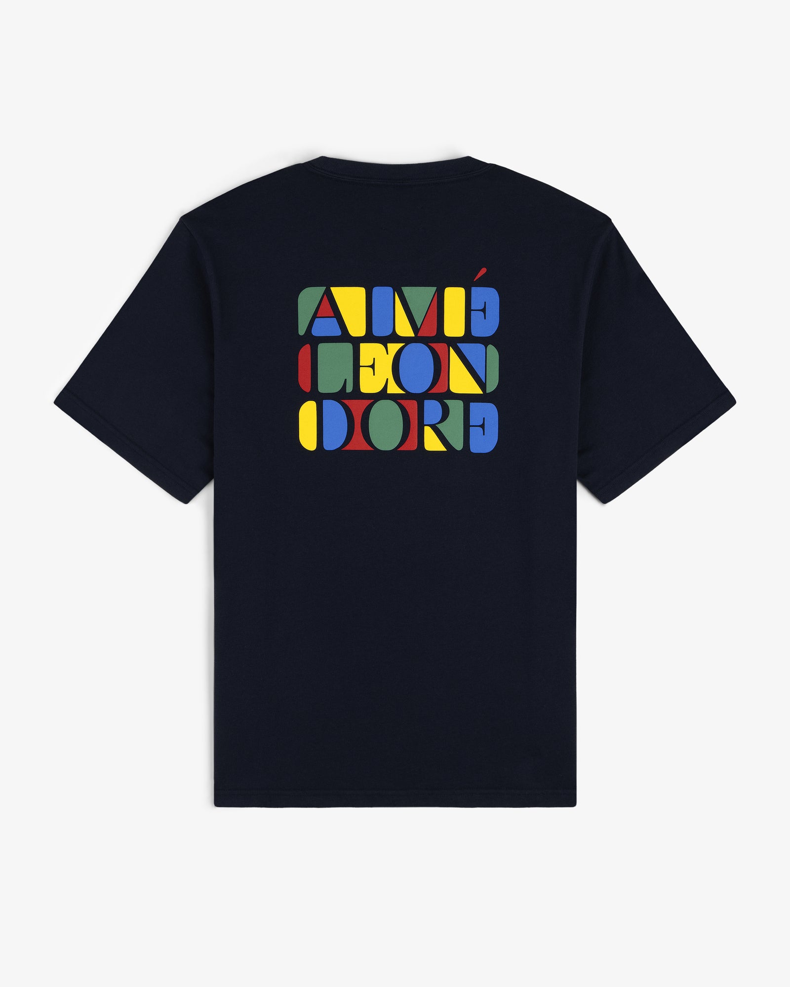 Navy Stacked Logo Tee with AIMÉ LEON DORE in bold, colorful geometric letters on the back.