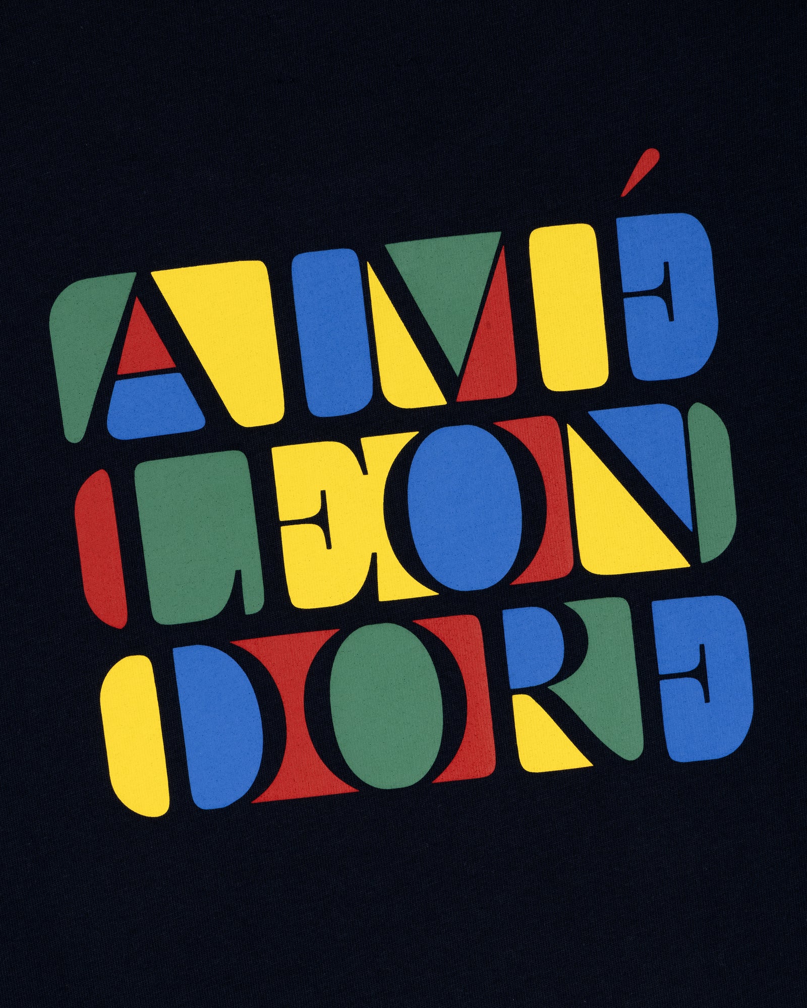 Stacked Logo Tee featuring colorful geometric letters spelling AIMÉ LEON DORE on a dark background.