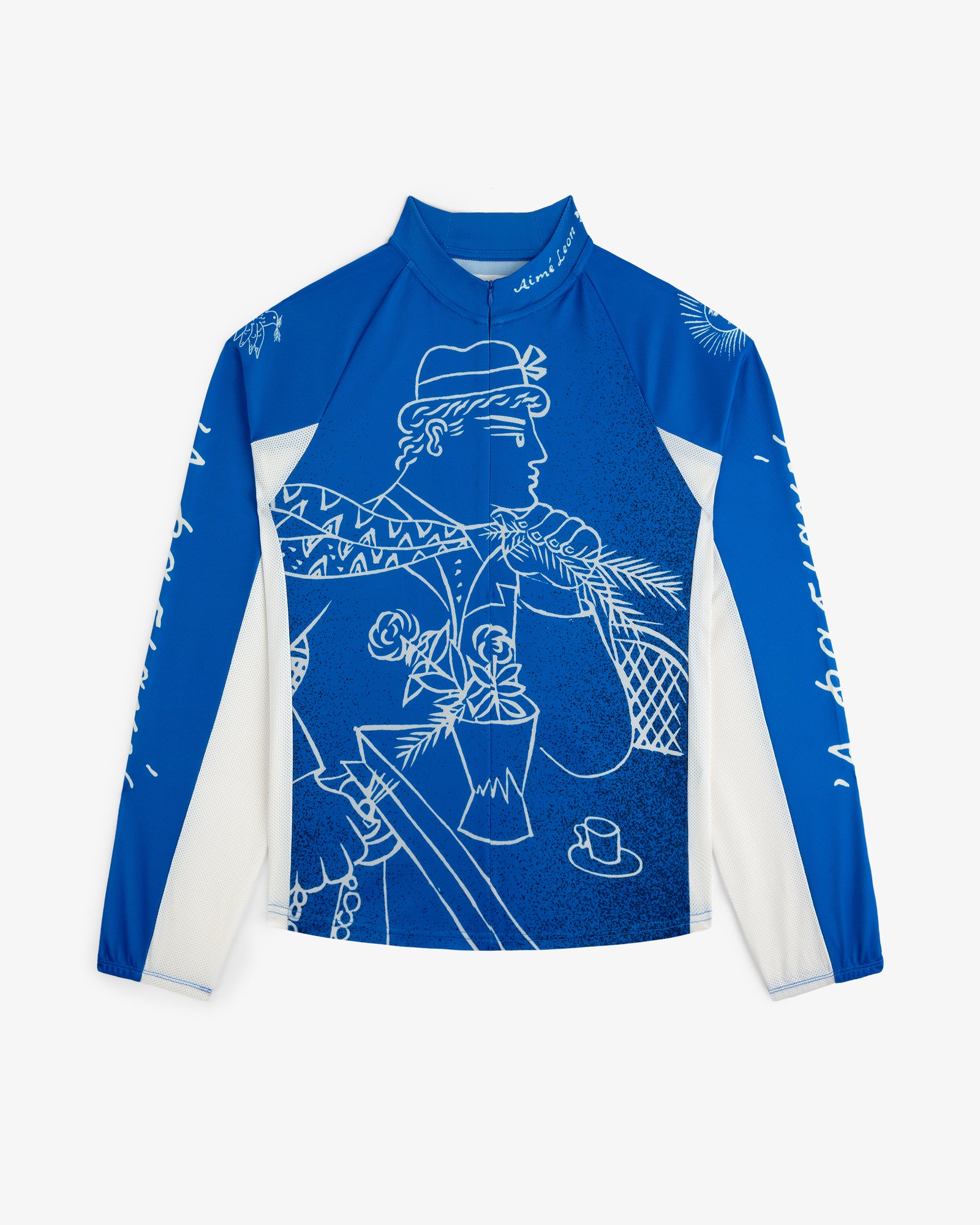 Blue and white Fassianos Half-Zip Cycling Jersey with line art of a person holding flowers and a hat on the front.