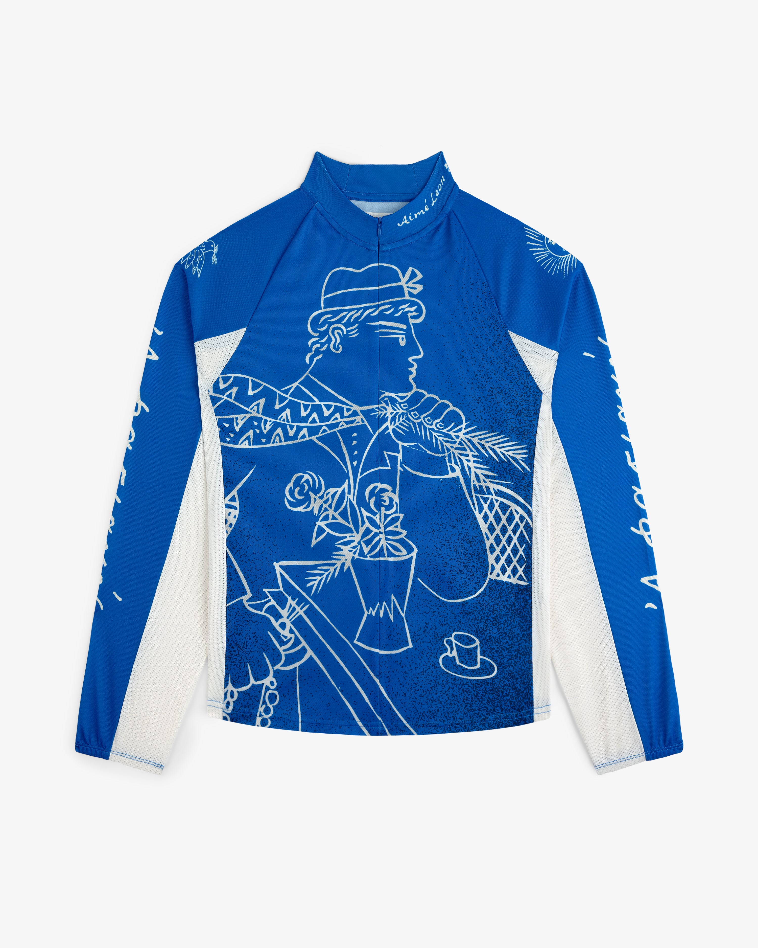 Blue and white Fassianos Half-Zip Cycling Jersey with line art of a person holding flowers and a hat on the front.