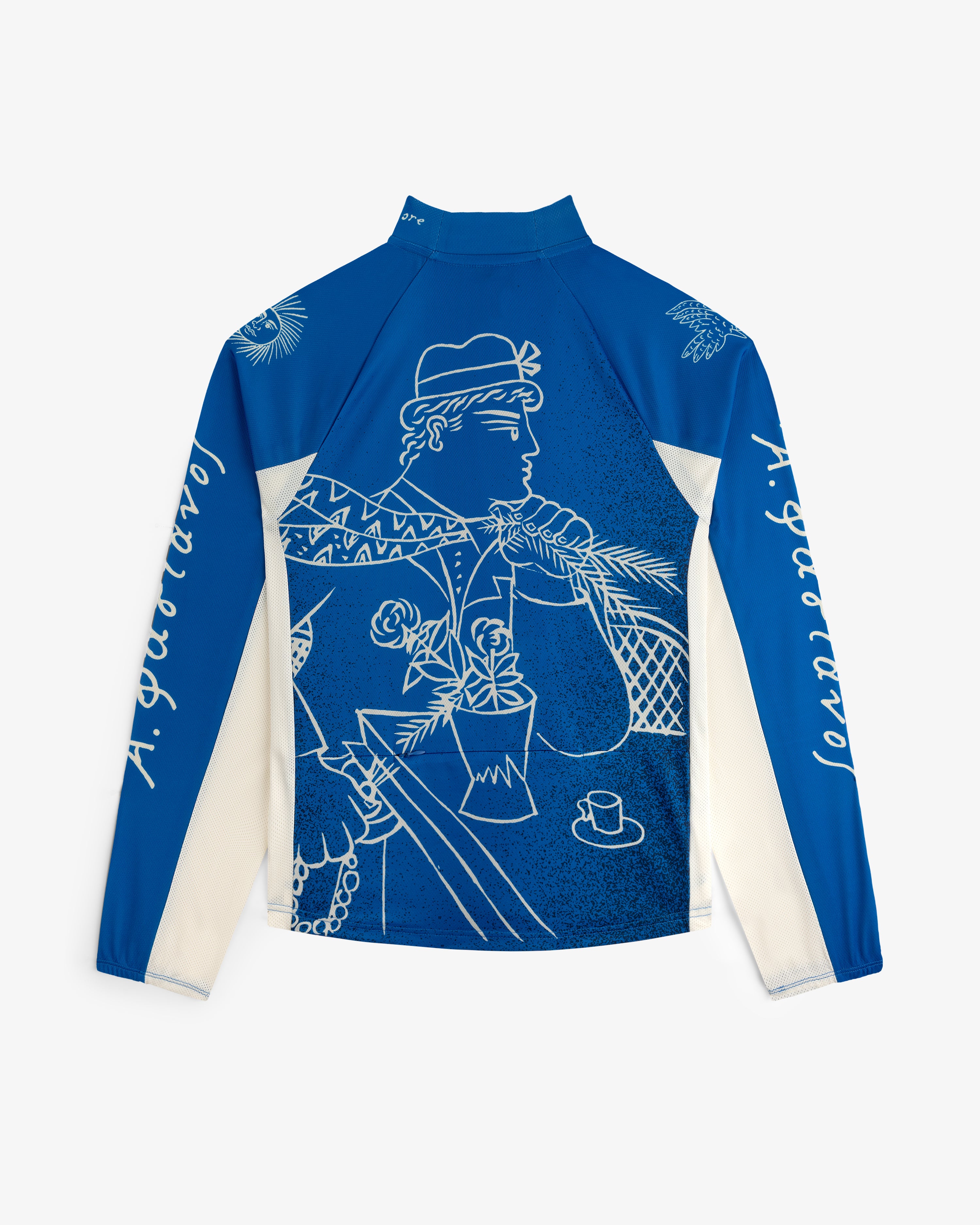 Fassianos Half-Zip Cycling Jersey in blue and white with a back graphic of a figure holding a net, plant, and cup.