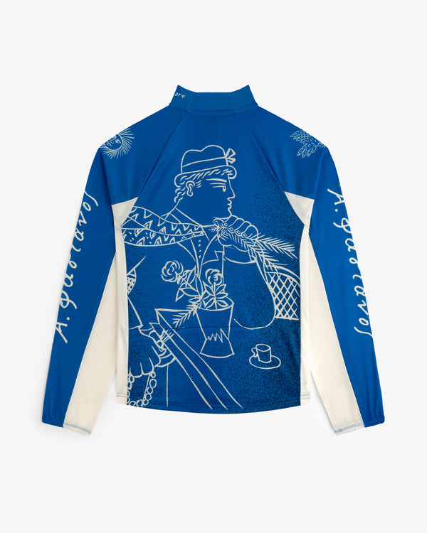 Fassianos Half-Zip Cycling Jersey in blue and white with a back graphic of a figure holding a net, plant, and cup.