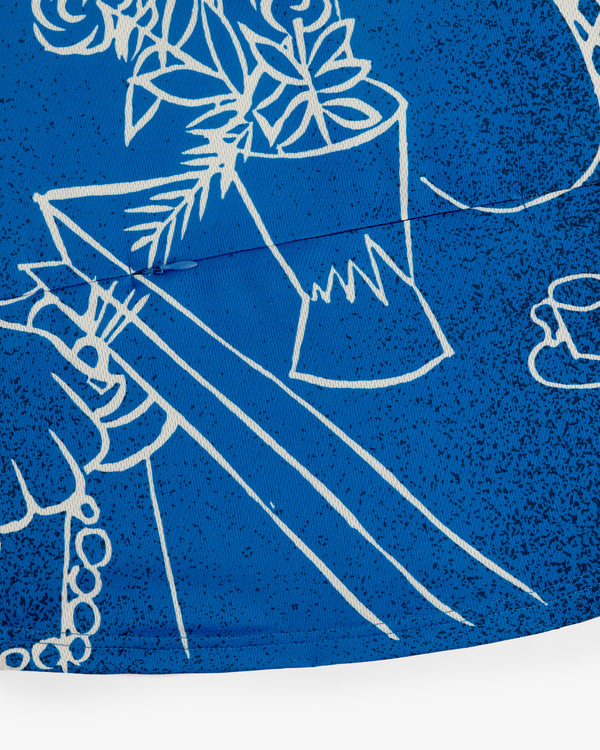White line art of hands, flowers in a vase, and teacup on blue on the Fassianos Half-Zip Cycling Jersey.