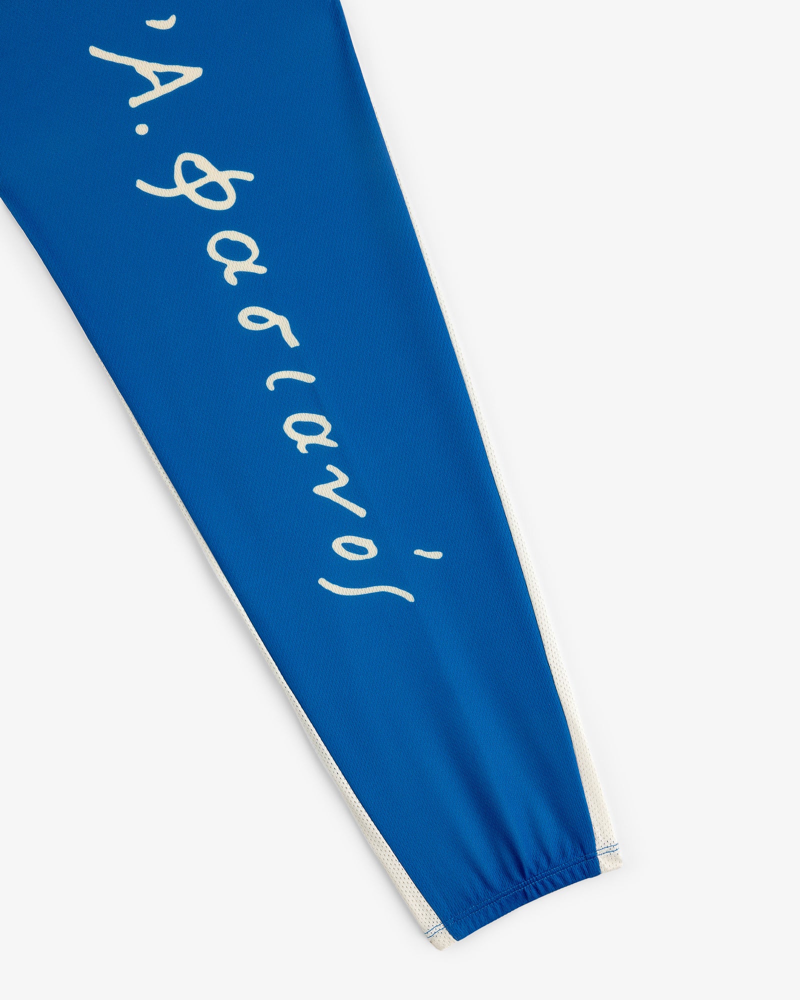 The Fassianos Half-Zip Cycling Jersey features blue fabric with white Greek script and a white stripe along the side.