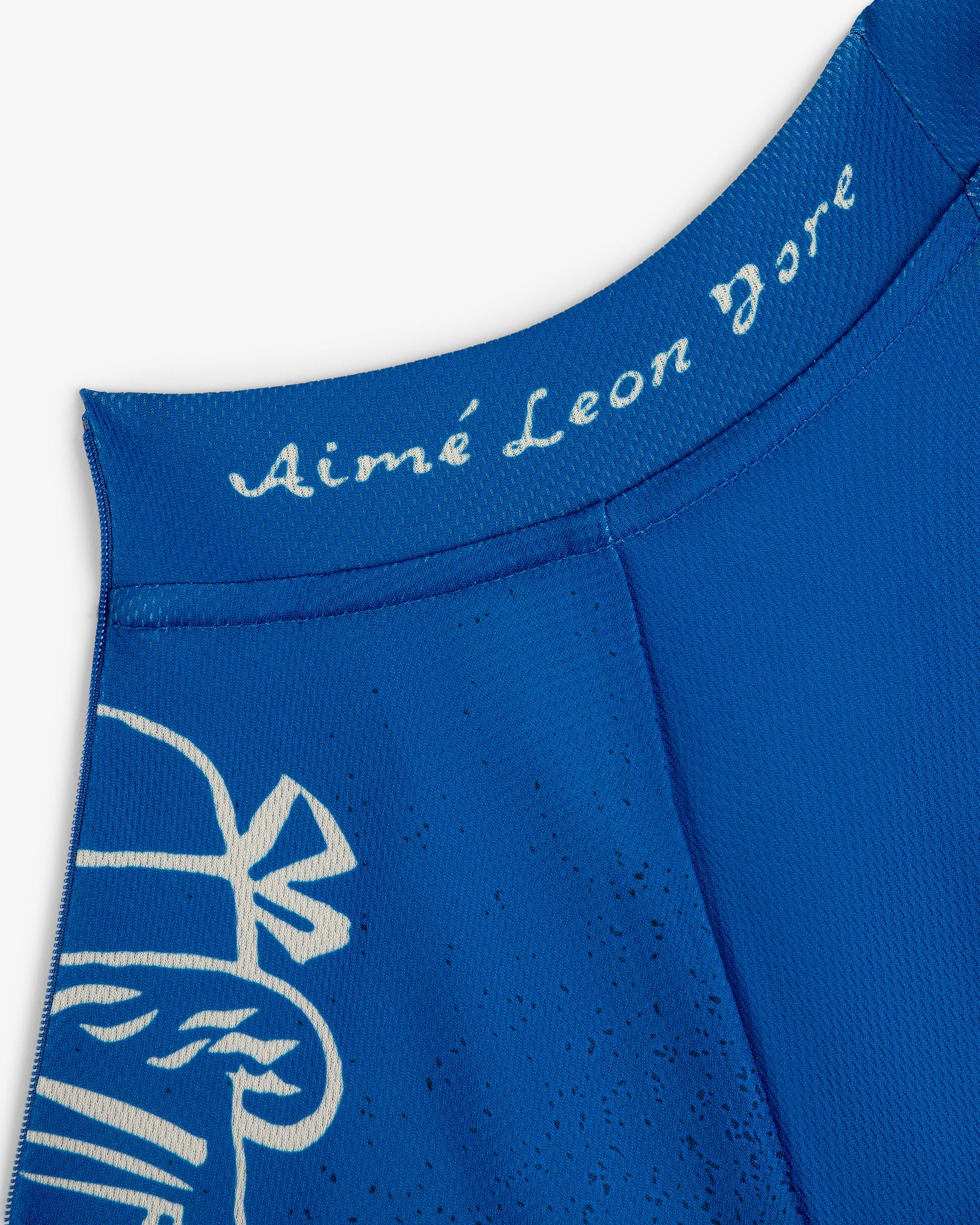 Close-up of a blue Fassianos Half-Zip Cycling Jersey with Aimé Leon Dore text and part of a graphic near the waistband.