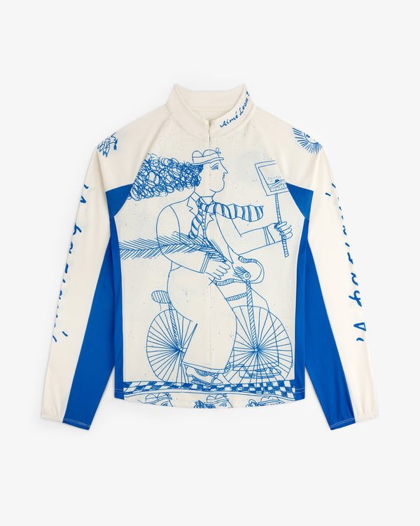Fassianos Half-Zip Cycling Jersey: long sleeves, white with blue cyclist taking a selfie illustration.