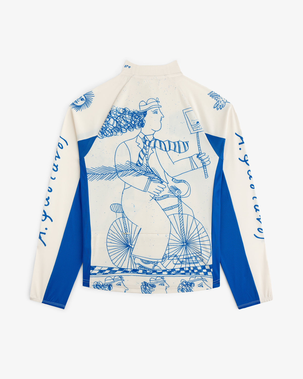 The Fassianos Half-Zip Cycling Jersey features blue art of a cyclist with a selfie stick and cursive text on the sleeves.