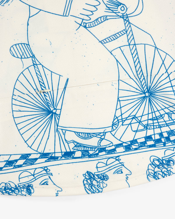 Blue line art of a cyclist with sketched faces on white, featured on the Fassianos Half-Zip Cycling Jersey.