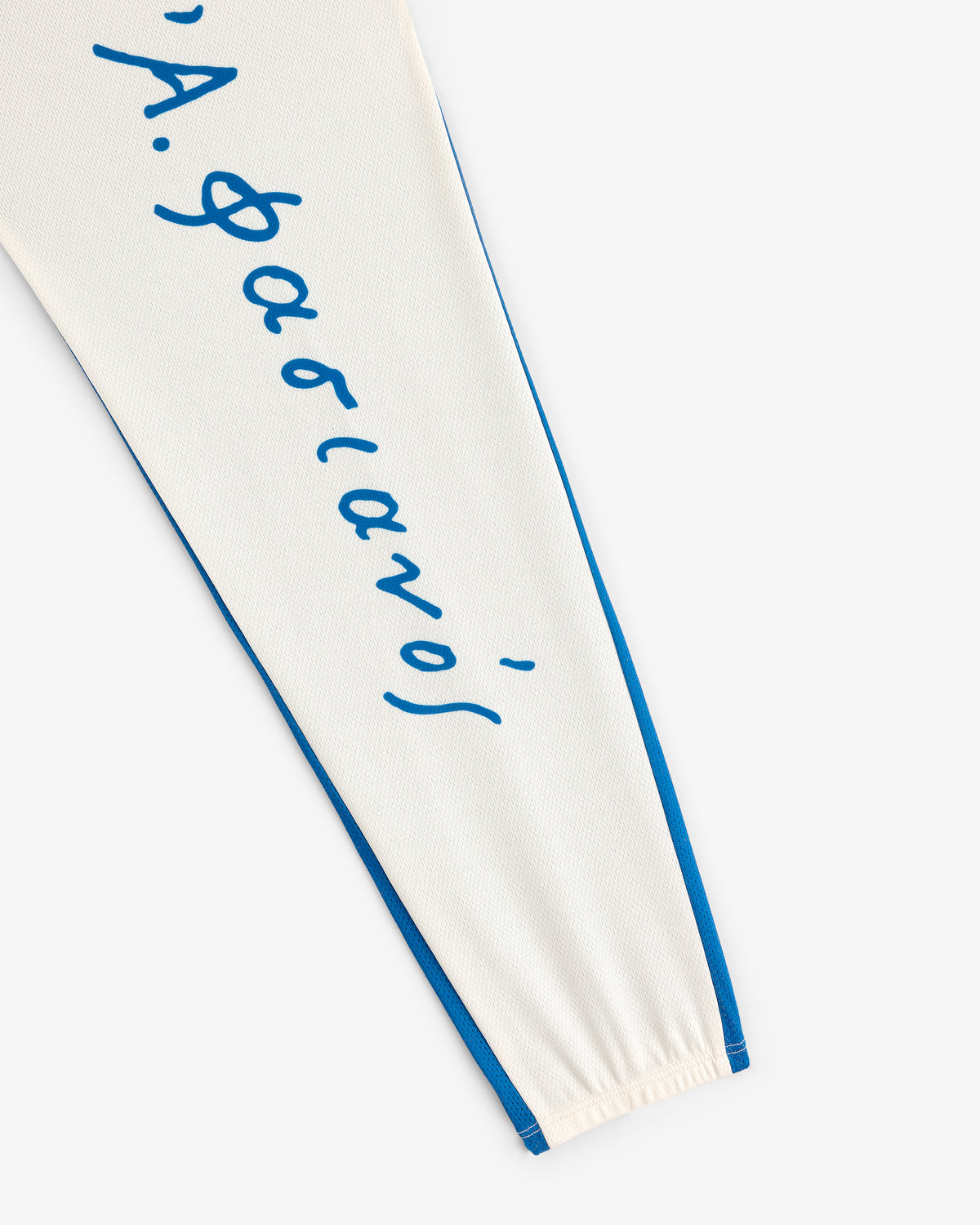 Fassianos Half-Zip Cycling Jersey: Long white sleeve with blue trim and script on a plain white background.