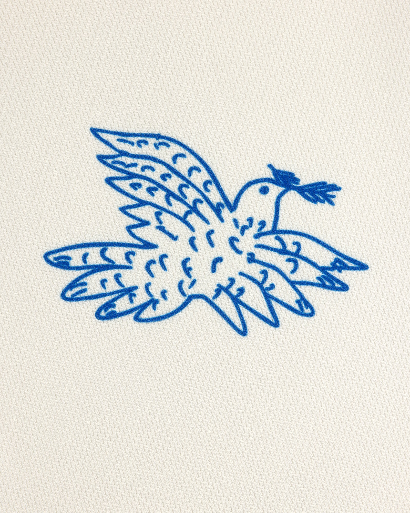 Simple blue line drawing of a bird with a leaf, on the Fassianos Half-Zip Cycling Jersey’s textured white background.