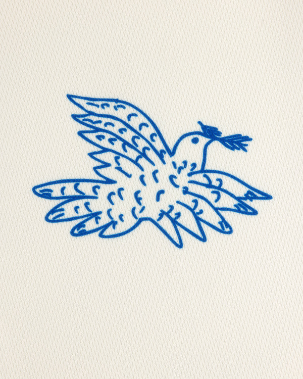 Simple blue line drawing of a bird with a leaf, on the Fassianos Half-Zip Cycling Jersey’s textured white background.