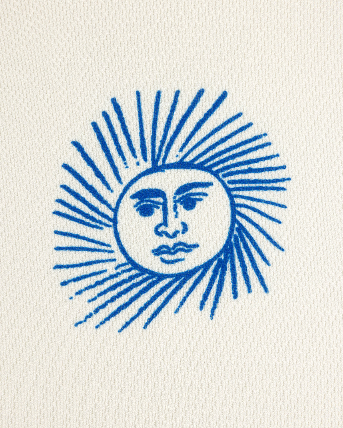 Fassianos Half-Zip Cycling Jersey featuring a blue sun with a human face on a textured white background.
