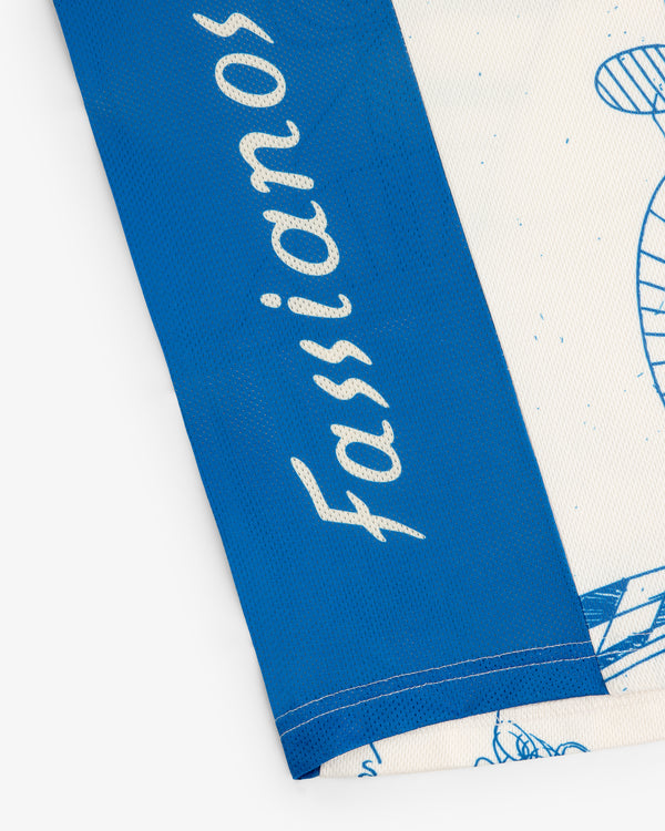 Close-up of the Fassianos Half-Zip Cycling Jersey, featuring "Fassianos" in cursive on the blue and white fabric border.