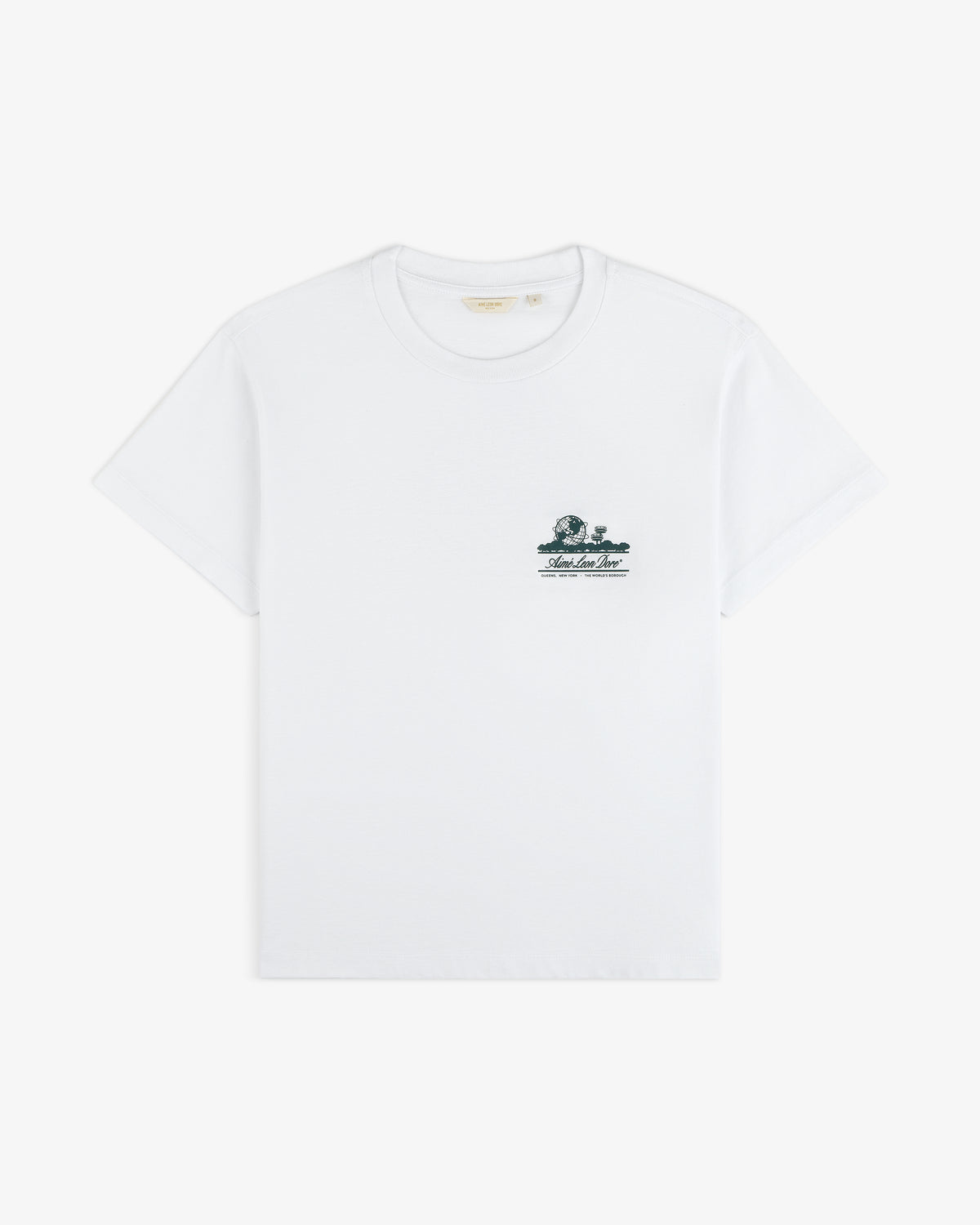 Cropped Aloe-Blend Unisphere Tee with short sleeves and a small green graphic and text on the left chest.