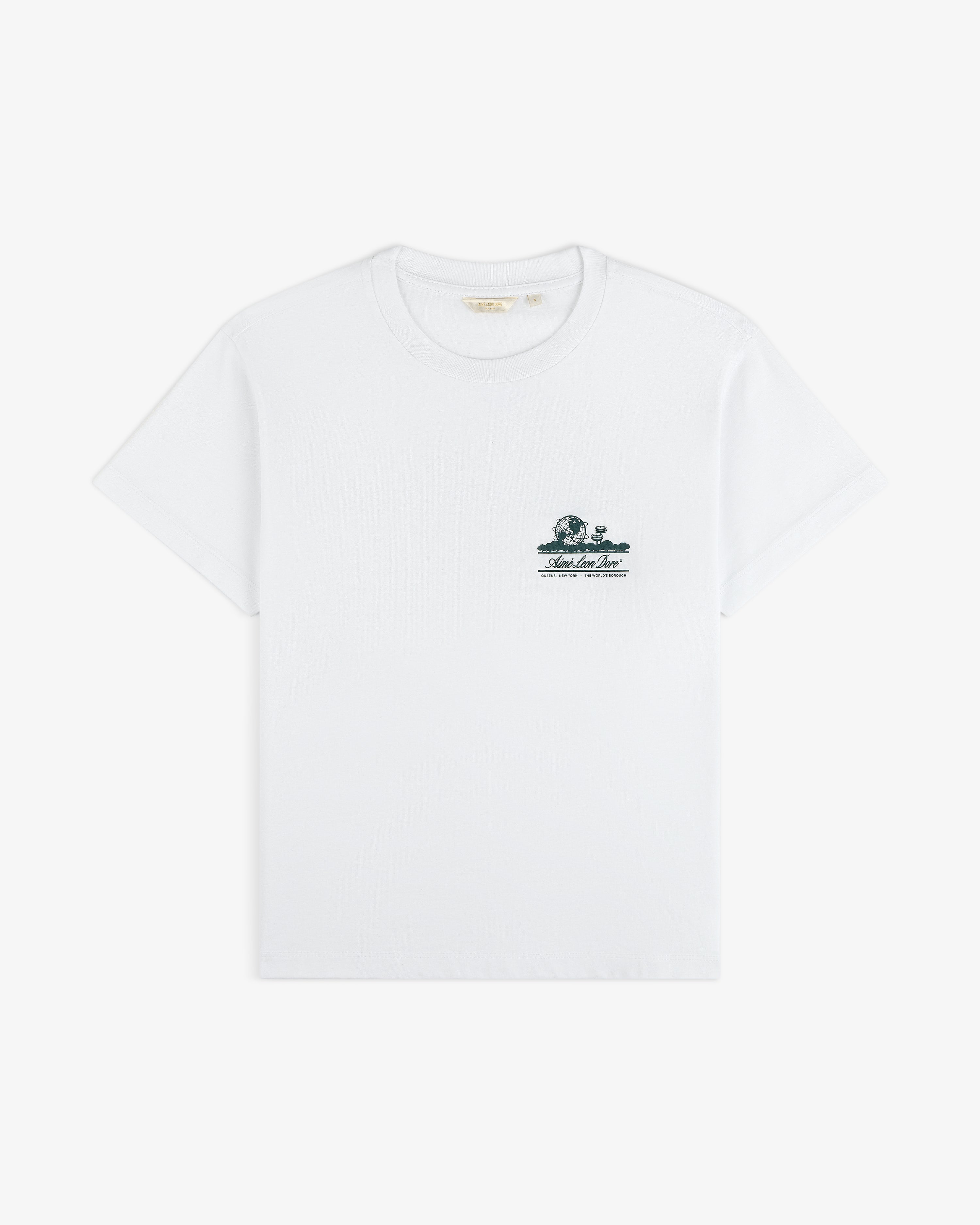 Cropped Aloe-Blend Unisphere Tee with short sleeves and a small green graphic and text on the left chest.