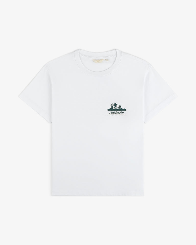Cropped Aloe-Blend Unisphere Tee with short sleeves and a small green graphic and text on the left chest.