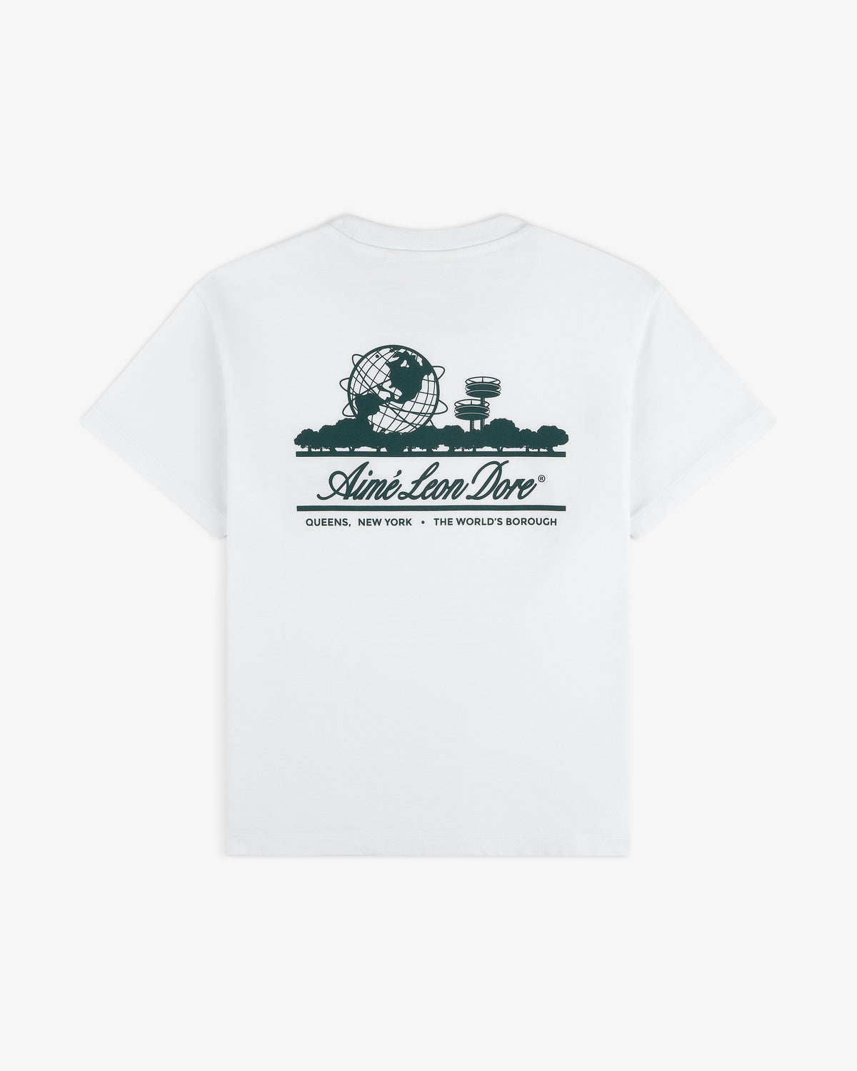 Cropped Aloe-Blend Unisphere Tee: White tee with green Unisphere graphic, Aimé Leon Dore logo, and "QUEENS, NEW YORK - THE WORLDS BOROUGH" text.