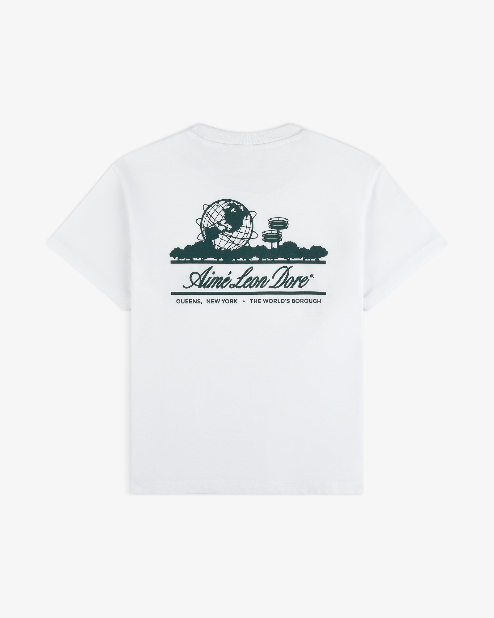 Cropped Aloe-Blend Unisphere Tee: White tee with green Unisphere graphic, Aimé Leon Dore logo, and "QUEENS, NEW YORK - THE WORLDS BOROUGH" text.