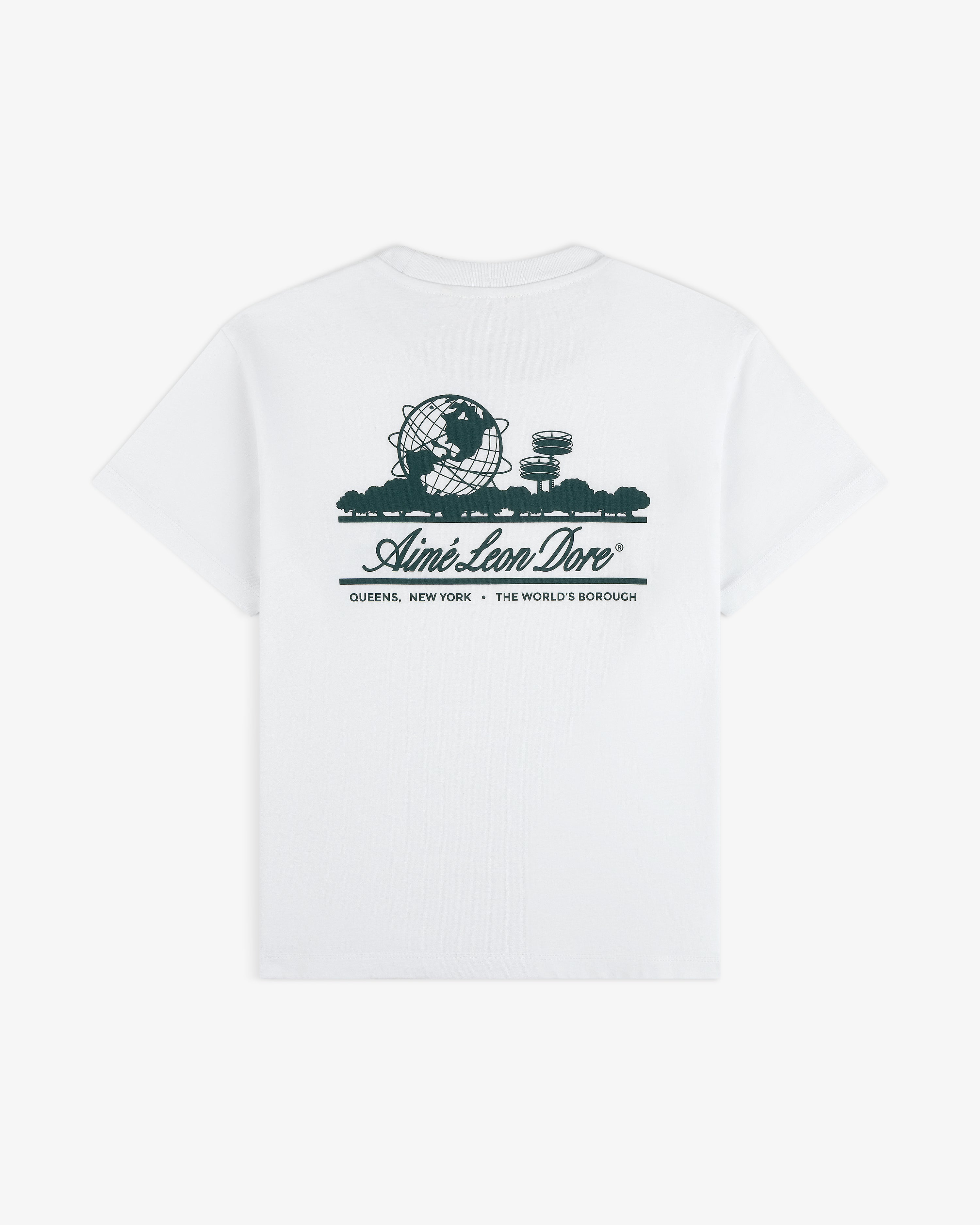 Cropped Aloe-Blend Unisphere Tee: White tee with green Unisphere graphic, Aimé Leon Dore logo, and "QUEENS, NEW YORK - THE WORLDS BOROUGH" text.