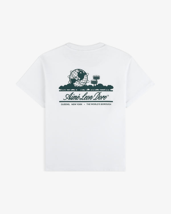 Cropped Aloe-Blend Unisphere Tee: White tee with green Unisphere graphic, Aimé Leon Dore logo, and "QUEENS, NEW YORK - THE WORLDS BOROUGH" text.