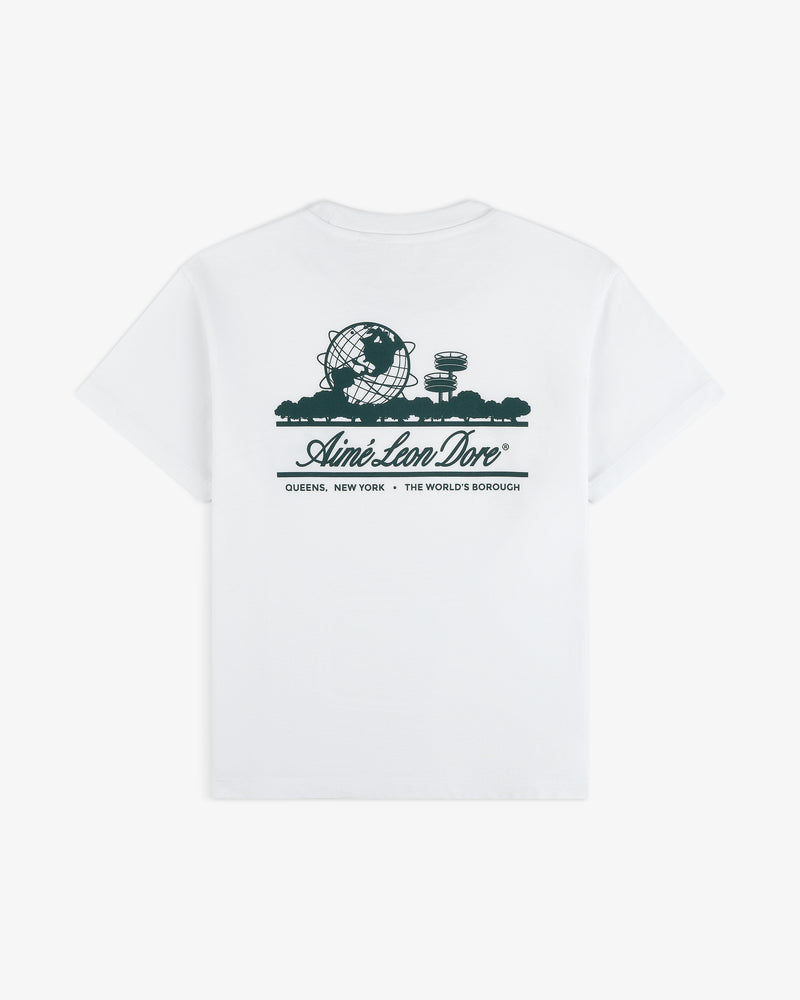 Cropped Aloe-Blend Unisphere Tee: White tee with green Unisphere graphic, Aimé Leon Dore logo, and "QUEENS, NEW YORK - THE WORLDS BOROUGH" text.
