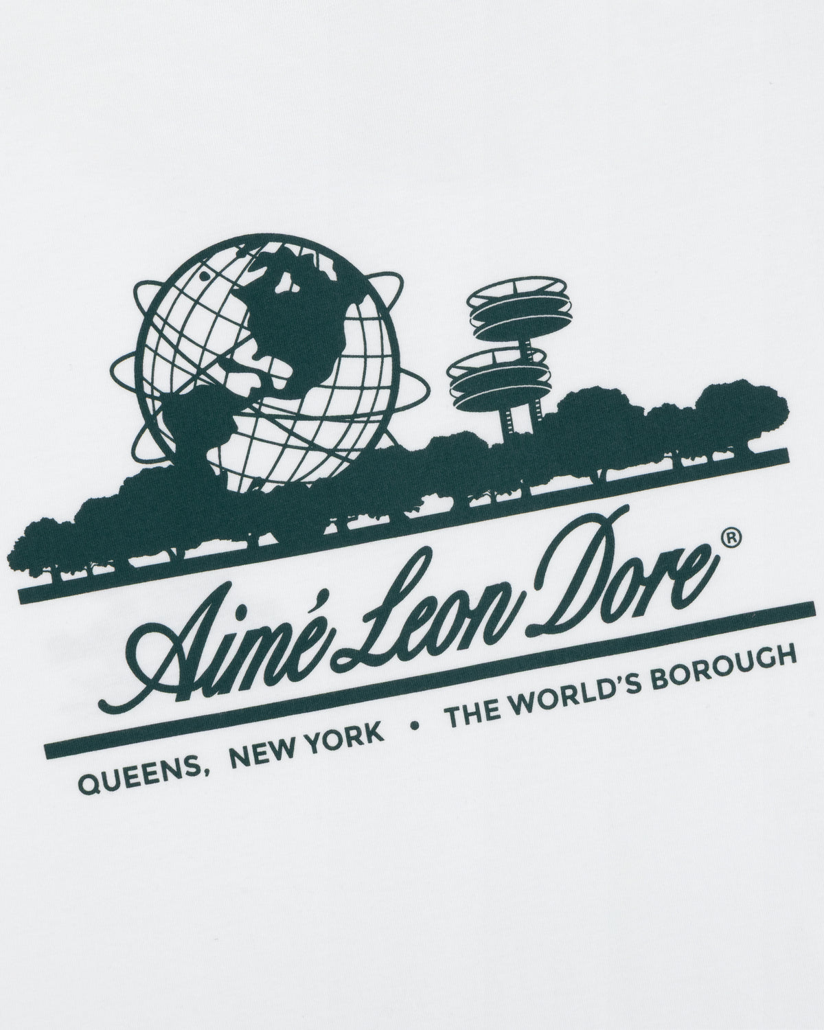 Logo of Cropped Aloe-Blend Unisphere Tee shows globe, trees, Queens landmarks; text: Queens, New York · The Worlds Borough.