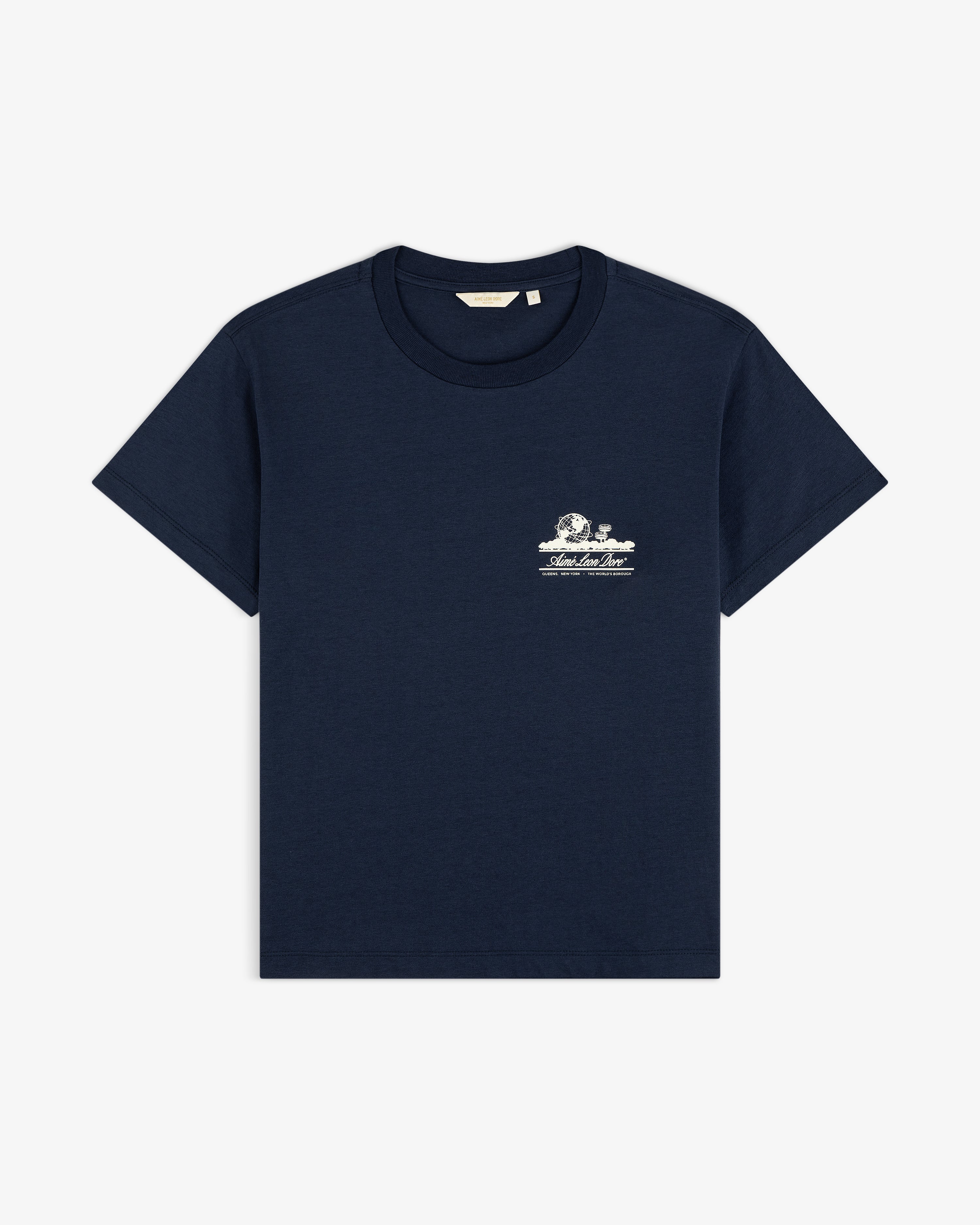 Cropped Aloe-Blend Unisphere Tee in navy blue with a small white graphic and text on the left chest.