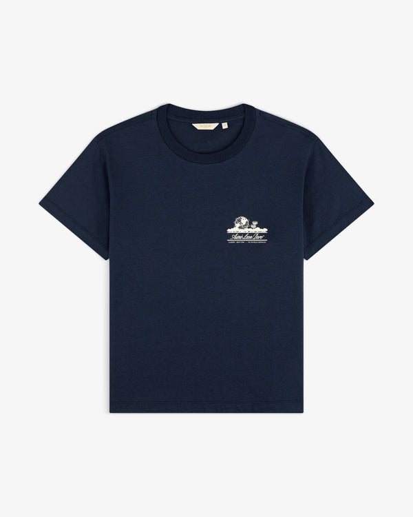Cropped Aloe-Blend Unisphere Tee in navy blue with a small white graphic and text on the left chest.