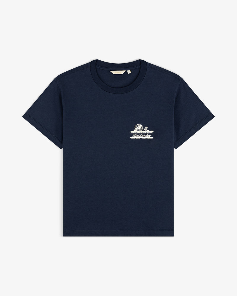 Cropped Aloe-Blend Unisphere Tee in navy blue with a small white graphic and text on the left chest.