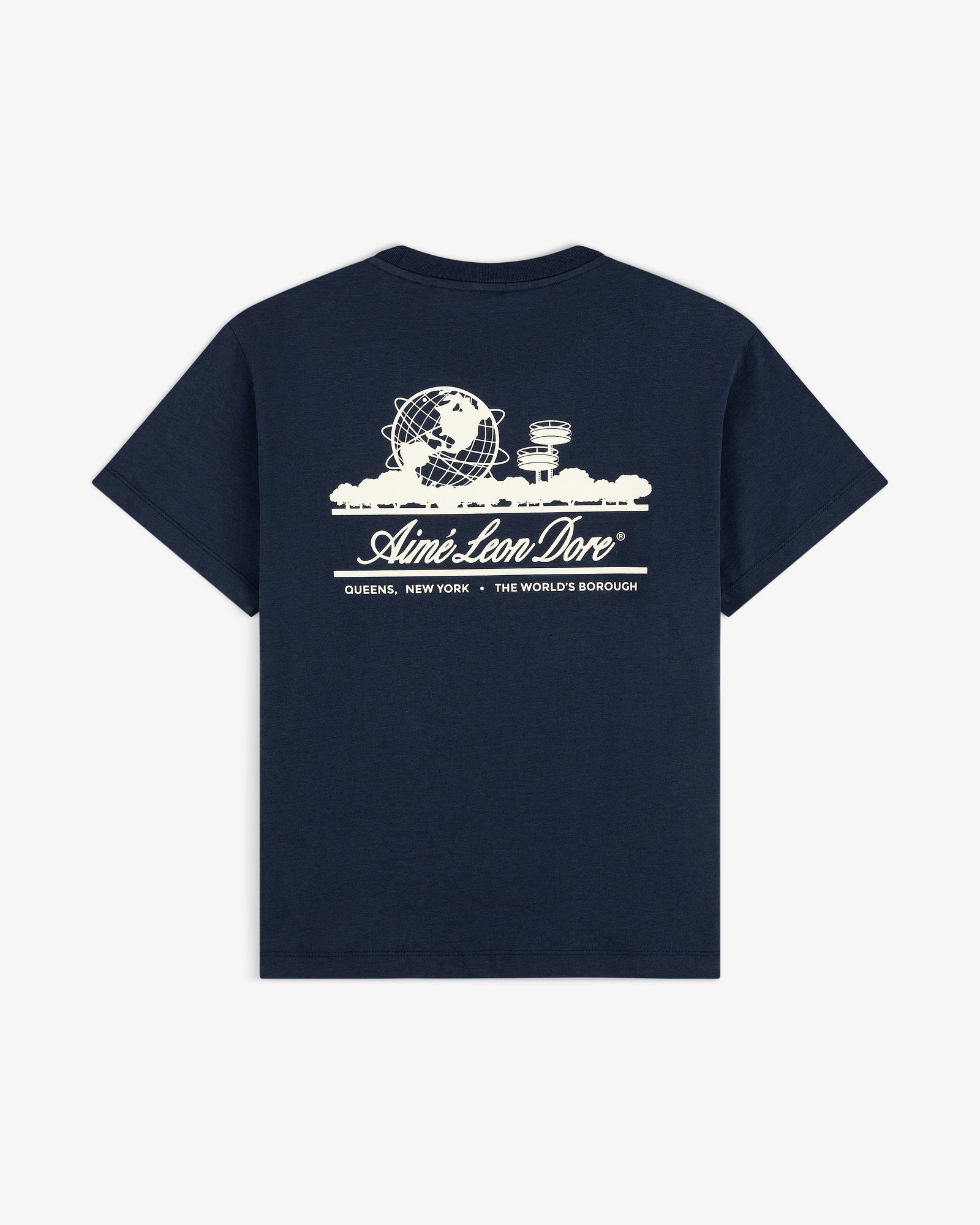 Cropped Aloe-Blend Unisphere Tee in navy with white graphic of the Unisphere, city buildings, and Aimé Leon Dore text on back.