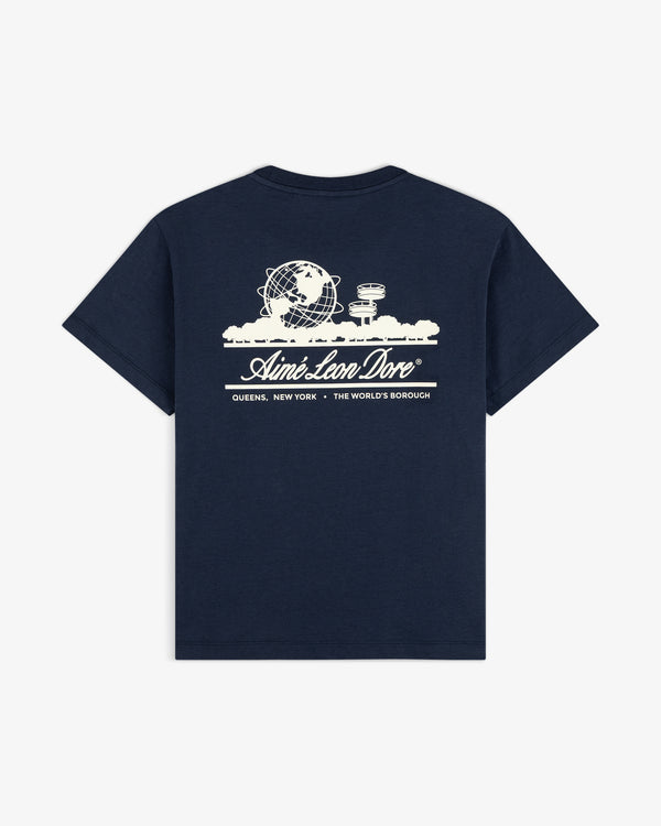 Cropped Aloe-Blend Unisphere Tee in navy with white graphic of the Unisphere, city buildings, and Aimé Leon Dore text on back.