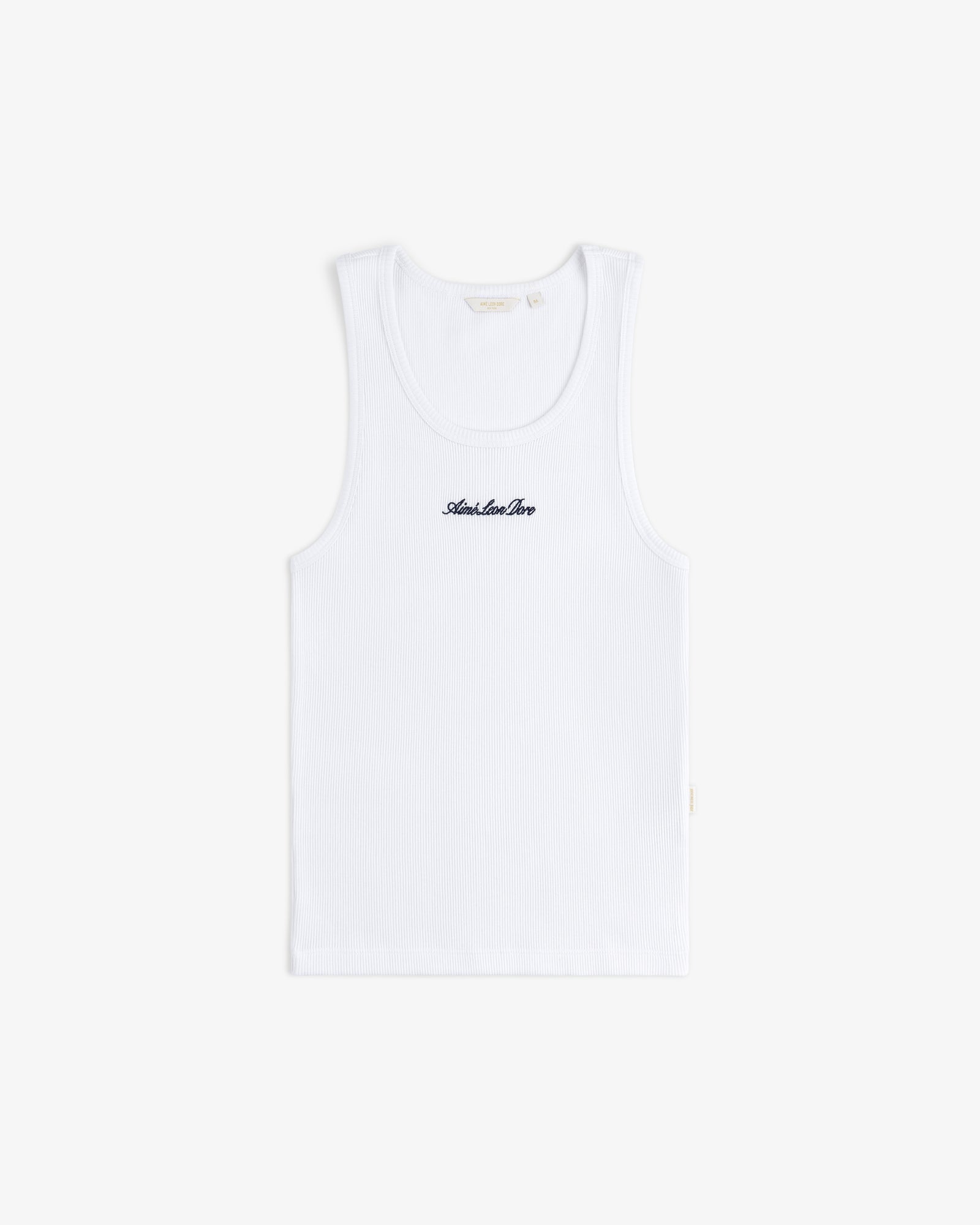 Embroidered Logo Tank Top in white with "Another Day" in black on chest, shown on a plain white background.