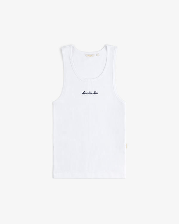 Embroidered Logo Tank Top in white with "Another Day" in black on chest, shown on a plain white background.