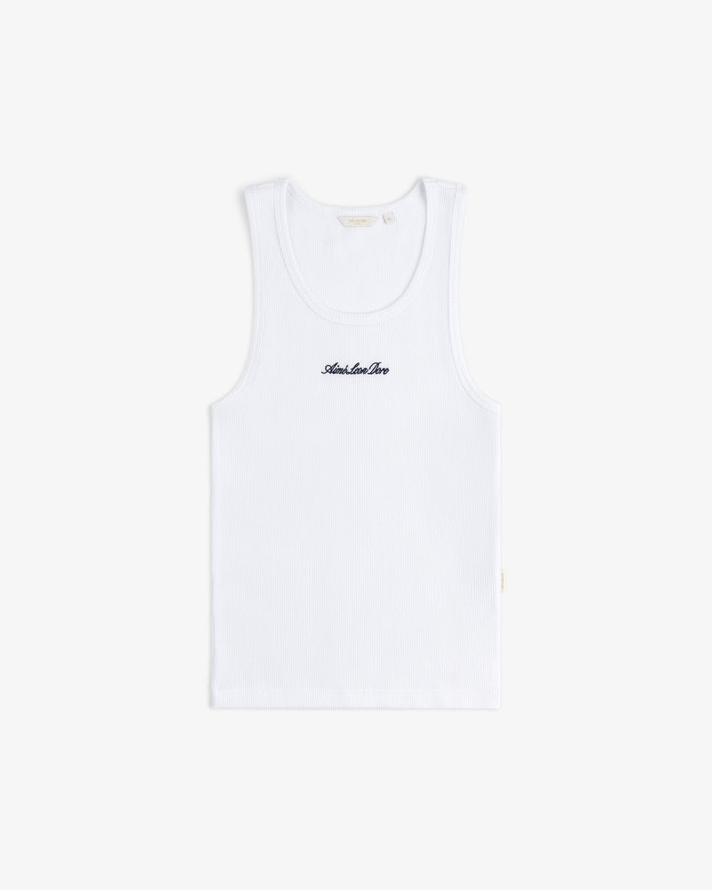 Embroidered Logo Tank Top in white with "Another Day" in black on chest, shown on a plain white background.
