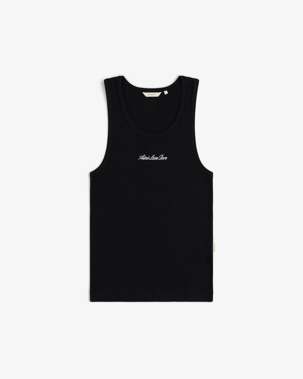 Embroidered Logo Tank Top: Black, sleeveless with small white chest text on a plain white background.