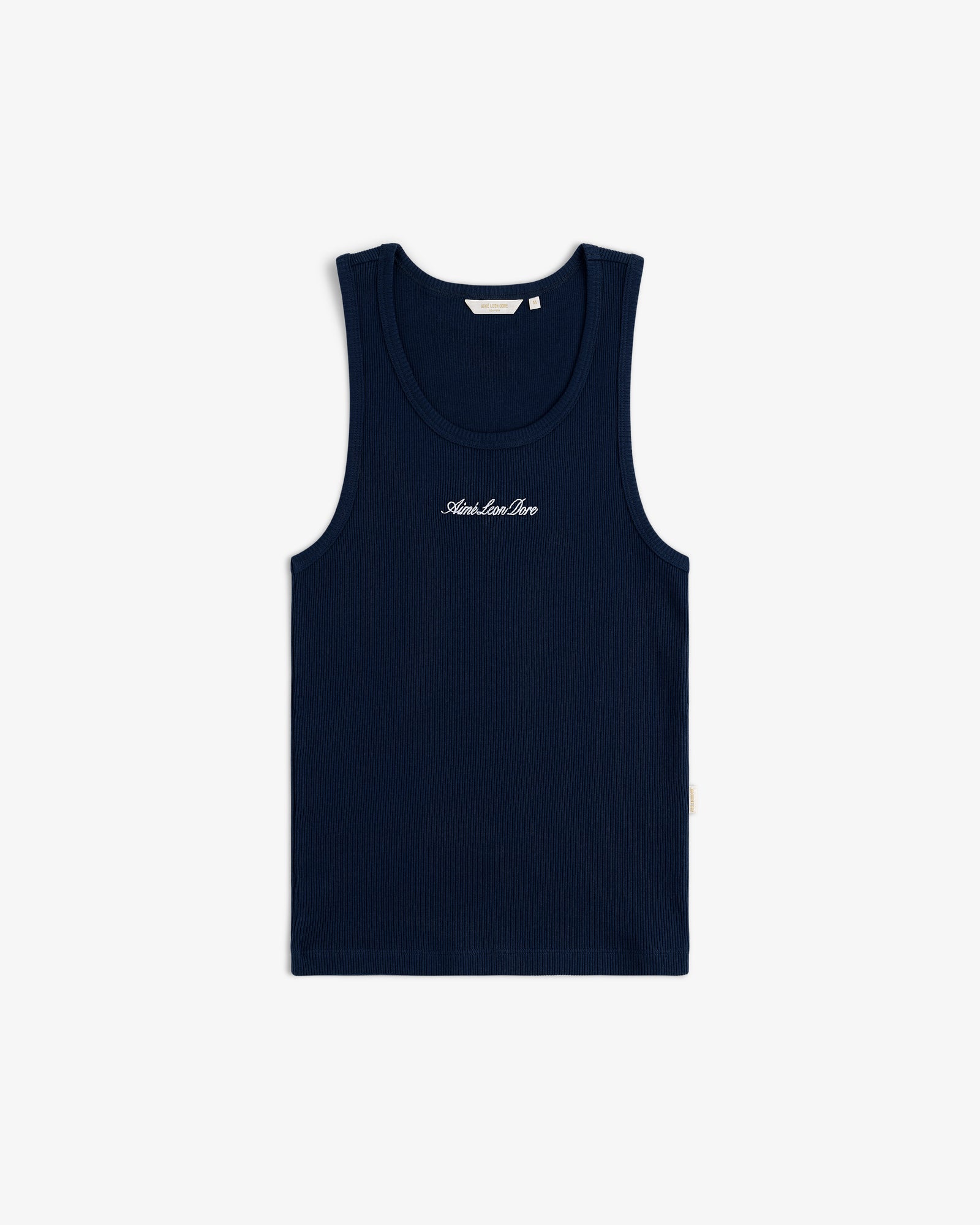 Embroidered Logo Tank Top in navy blue with white chest text, sleeveless, shown flat on a white background.