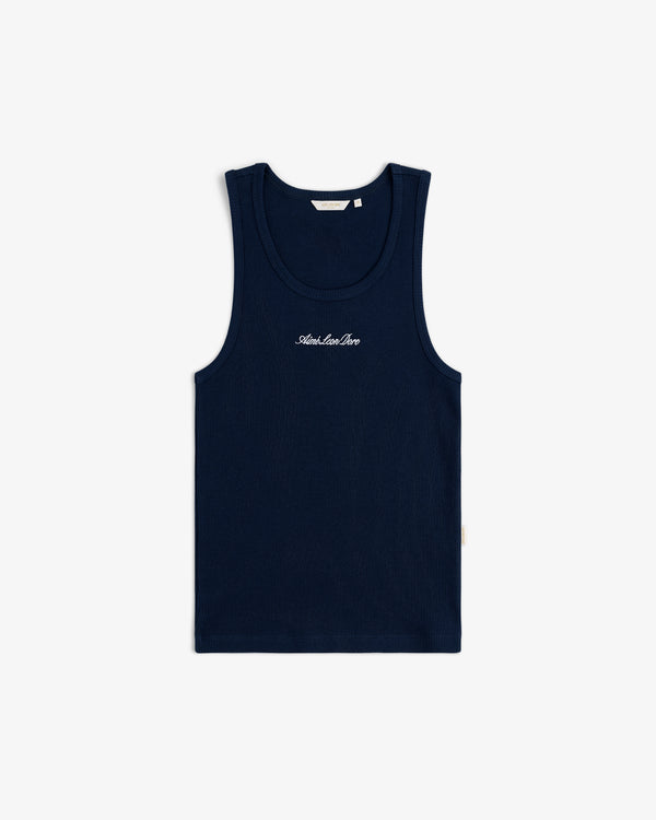 Embroidered Logo Tank Top in navy blue with white chest text, sleeveless, shown flat on a white background.
