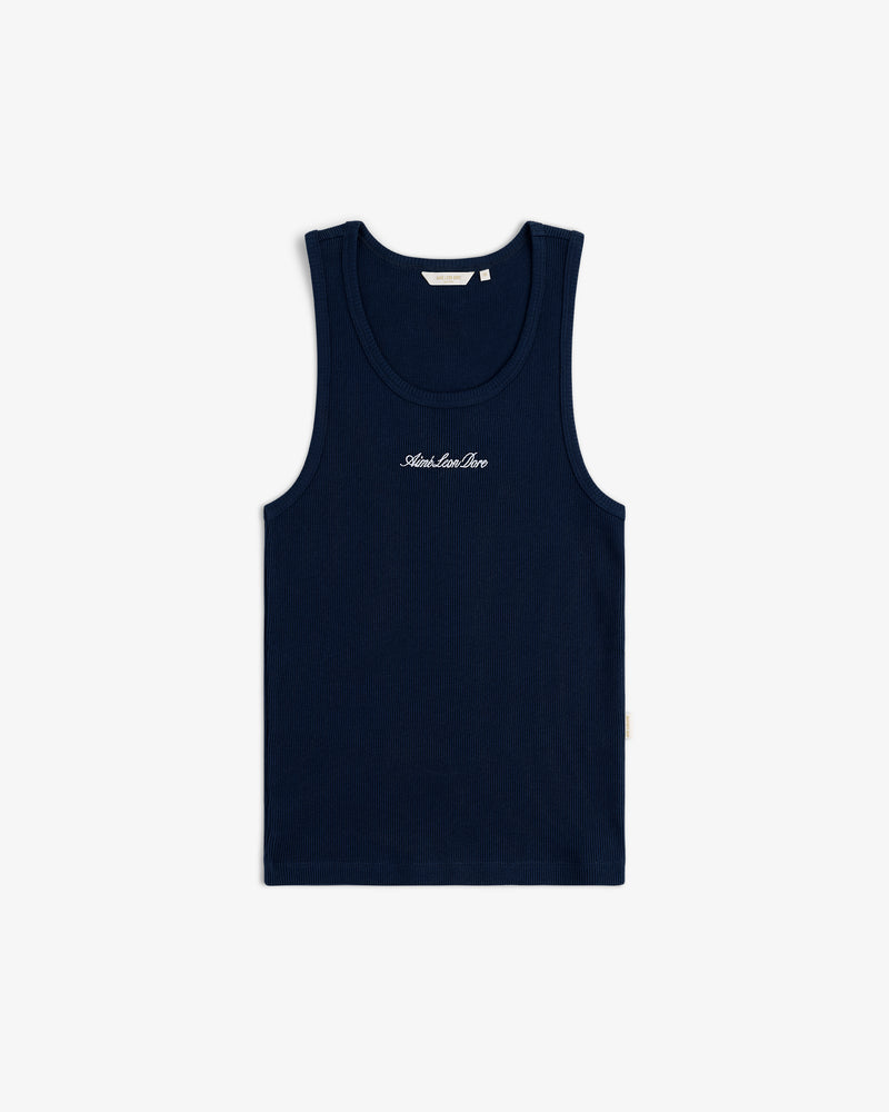 Embroidered Logo Tank Top in navy blue with white chest text, sleeveless, shown flat on a white background.