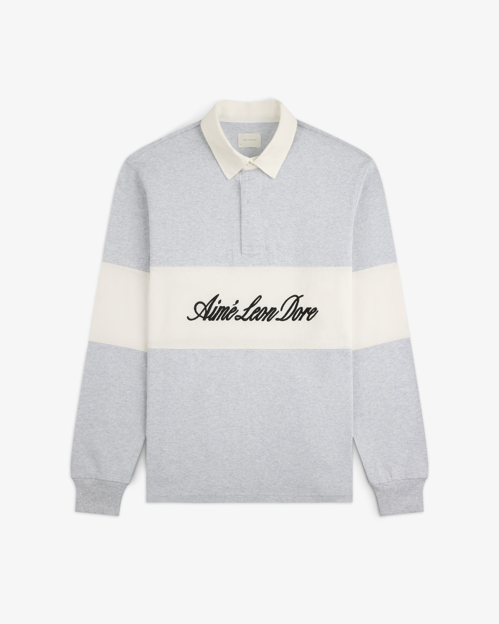 Light gray Script Paneled Rugby with white collar and stripe, featuring Aimé Leon Dore text across the chest.